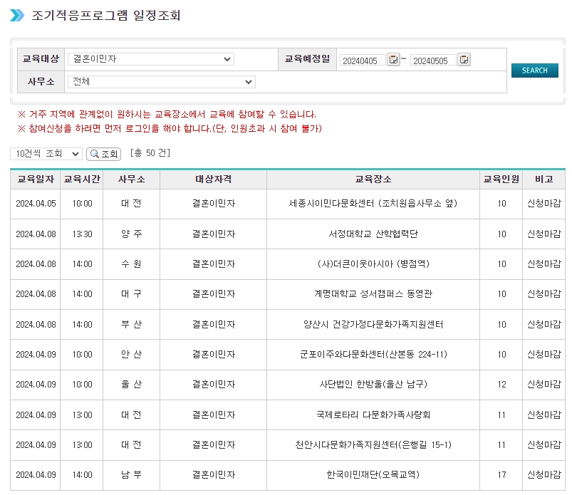 조기적응프로그램-일정조회-결혼이민자